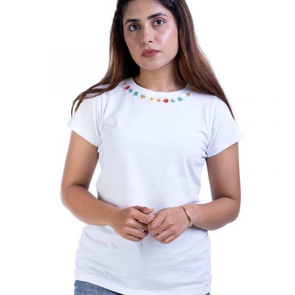 Half Sleeve Round Neck Hand Embroidery White T-Shirt for Girls and Women_2