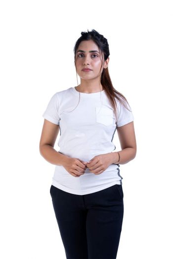 Half Sleeve Side Taped Round Neck White T-Shirt for Girls and Women