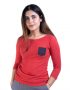 Full Sleeve Denim Patch Round Neck Pocket Red T-Shirt for Girls and Women