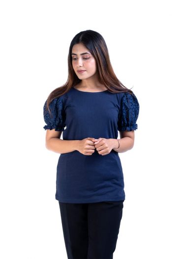 Half Puff Sleeve Blue T-Shirt for Girls